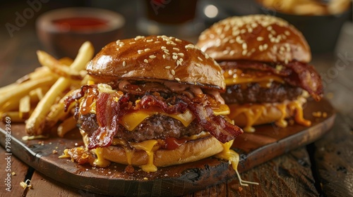 Cheese and bacon adorned homemade burgers served on wooden platters with a side of french fries
