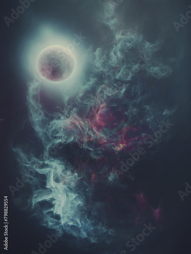 illustrazione a tema astronomico astratto, luna e nube  di polveri