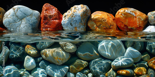 Piedras de colores en el agua del rio. photo