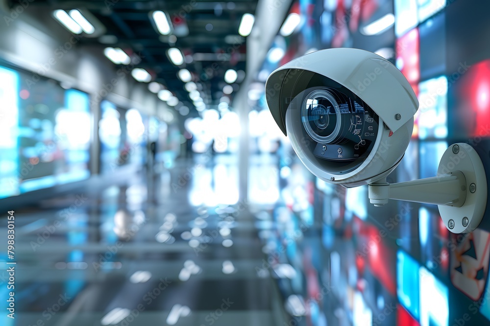 a modern surveillance camera with a detailed lens, set against the backdrop of a blurry corridor lined with vivid screens, illustrating themes of security, monitoring, and digital surveillance a modern surveillance camera with a detailed lens, set against the backdrop of a blurry corridor lined with vivid screens, illustrating themes of security, monitoring, and digital surveillance