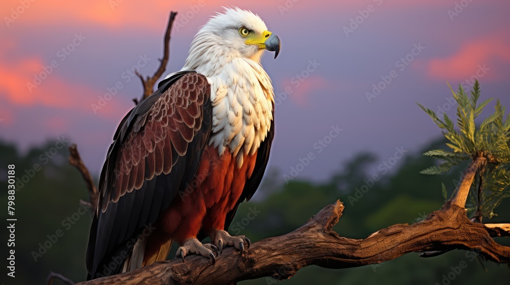 Fototapeta premium African fish eagle on branch at dusk UHD WALLPAPER