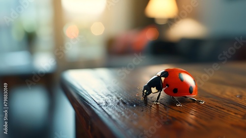 night living room with red ladybug adorned with delicate black spots leisurely crawling on a lush wooden sideboard, macro photography