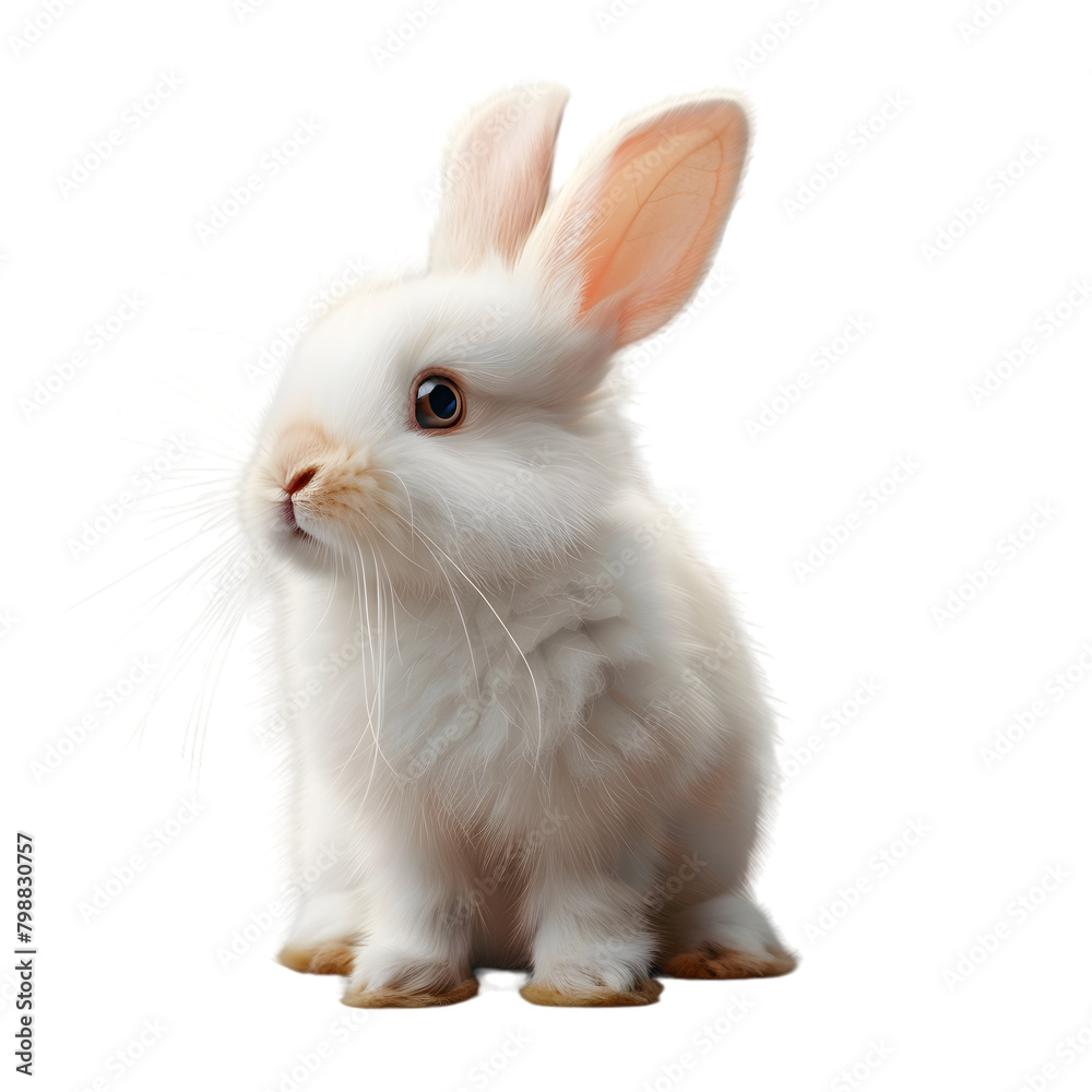 A fluffy white rabbit sitting up, looking curious, on a transparent background.
