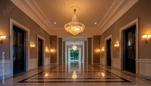 A grand entrance hall of a luxury mansion. The marble floor reflects the chandelier s light  creating a warm and welcoming atmosphere.