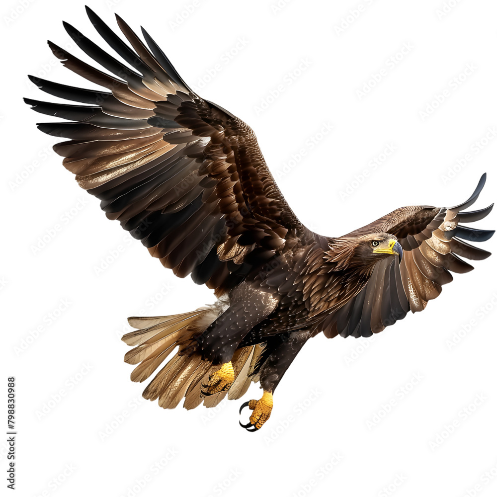 A proud eagle in flight, wings spread wide, showcasing power, on a transparent background. A proud eagle in flight, wings spread wide, showcasing power, on a transparent background.