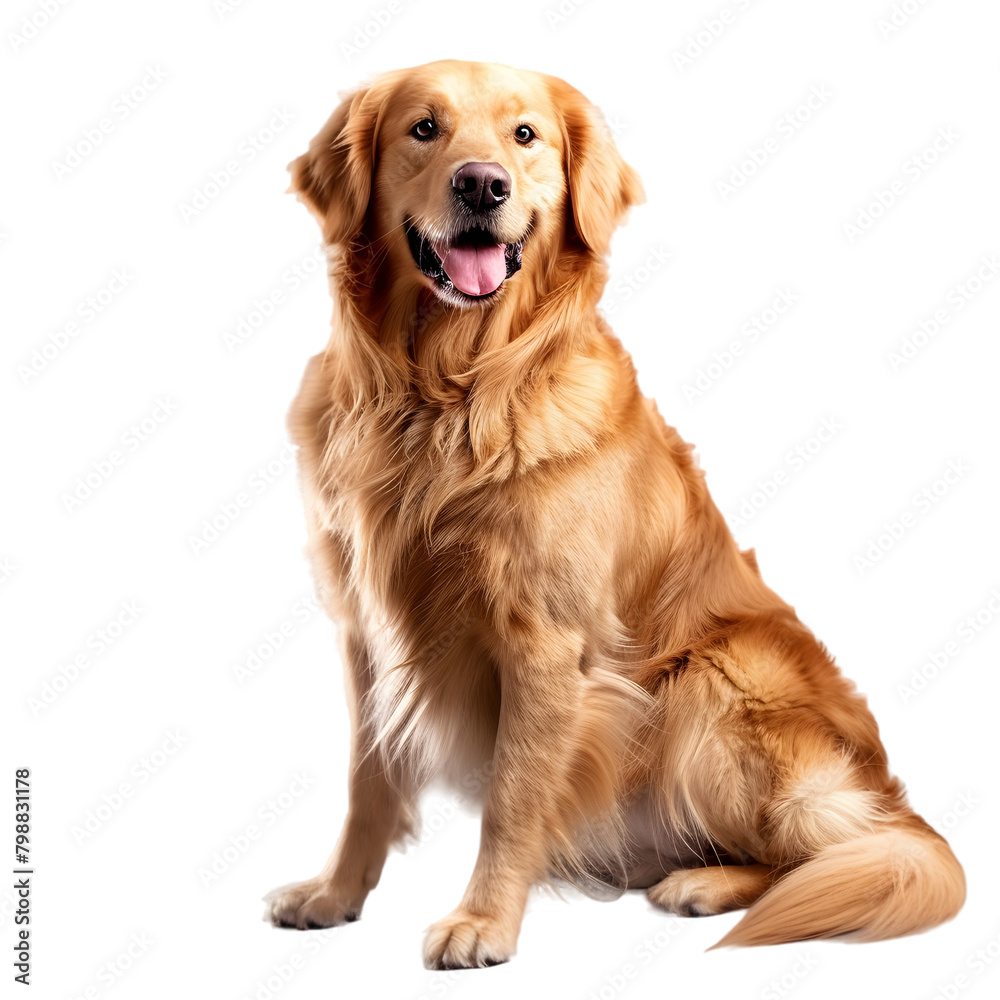 A loyal golden retriever sitting patiently, looking friendly and approachable, on a transparent background