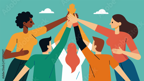 A diverse group of people joining hands in unity representing the ongoing struggle and triumph of freedom over slavery.. Vector illustration photo