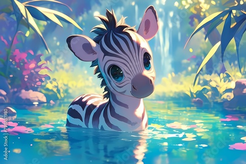 cartoon of a zebra soaking in river water