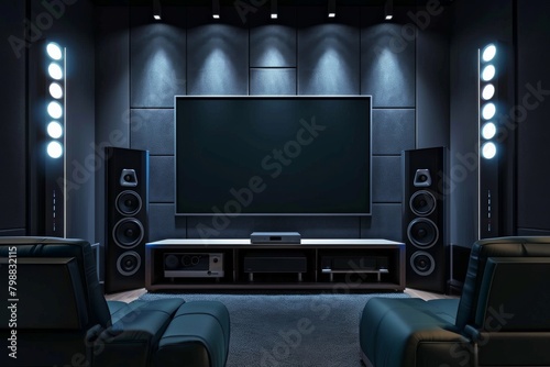 Home Theater on Dark Background. Sleek and Modern Design High-End Entertainment System.