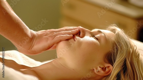A person lying on a reflexology mat while a reflexologist works on their head and neck..