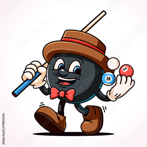 Billiard black ball carrying stick and ball, cartoon mascot