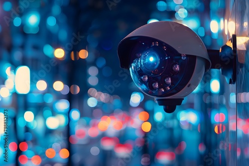 A security dome camera, mounted on a wall, is caught in the act of surveillance against a backdrop of vibrant bokeh lights from a cityscape at night