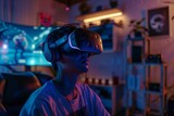Gamer Engages in Virtual Reality Experience in a Colorful Room at Night