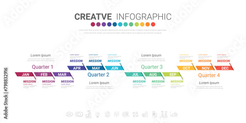 Infographic quarterly template for presentation 12 months in 4 quarter can be used for workflow layout, process diagram, flow chart.