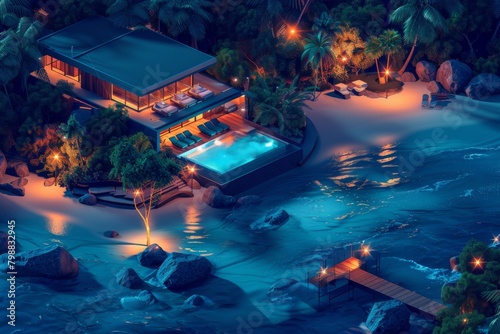 Private Beach on Dark Background. Sleek and Modern Design Exclusive Seaside. 