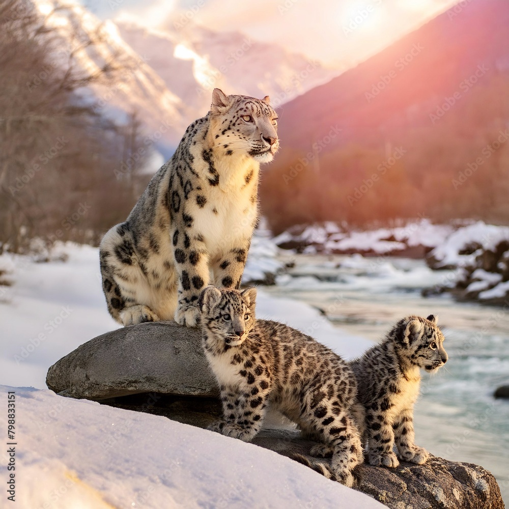 Obraz premium majestic mother snow leopard and cubs