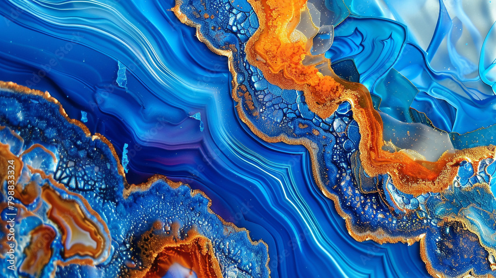 Obraz premium High Definition Agate-Like Glossy Surface in Electric Lime and Deep Purple Alcohol Ink Swirls.