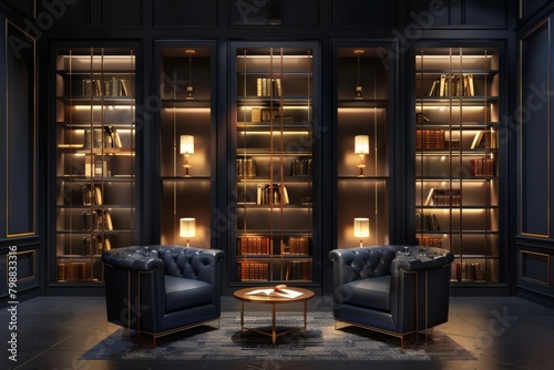 Library on Dark Background. Sleek and Modern Design Exclusive Reading Room. 