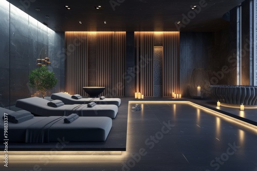 Luxury Expensive Private Spa Suite on Dark Background. Sleek and Modern Design Exclusive Wellness Retreat. 
