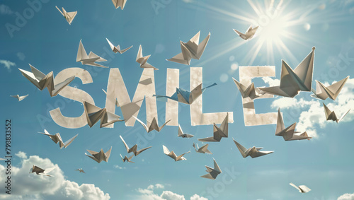 The word "SMILE" written among many paper airplanes in the sky.