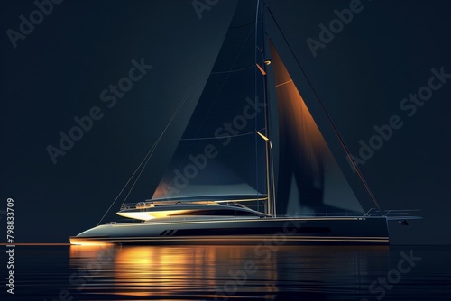 Sailing Yacht on Dark Background. Sleek and Modern Design Luxury Sailboat.  © KP