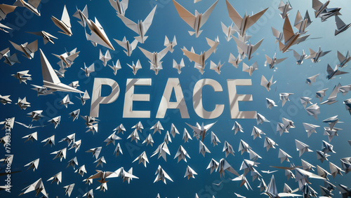 The word "PEACE" written among many paper airplanes in the sky.
