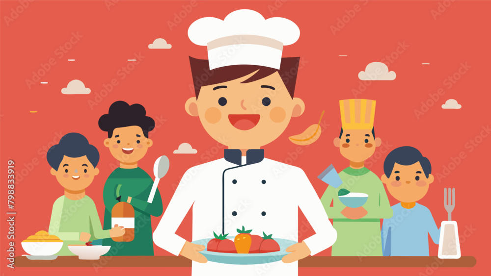 A young chef beaming with pride and satisfaction as they serve their family and friends a homecooked meal on Young Chefs Day. A young chef beaming with pride and satisfaction as they serve their family and friends a homecooked meal on Young Chefs Day.