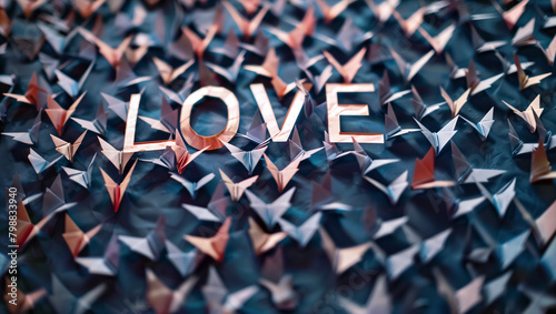 The word "LOVE" written among many paper airplane
