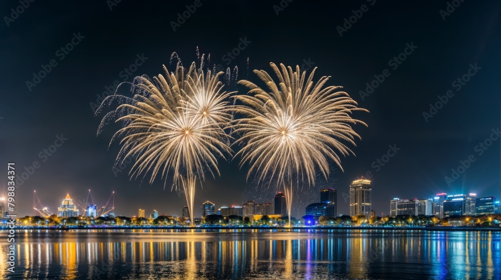 Fireworks illuminate the city and reflect on the river, celebrating amidst vibrant colors and festivity on a holiday night