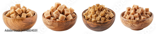 Brown sugar cubes in wooden bowl, PNG set photo