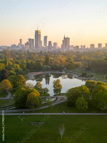 A beautiful panoramic view of the sunrise in a fabulous spring morning at Pola Mokotowskie in Warsaw, Poland - 