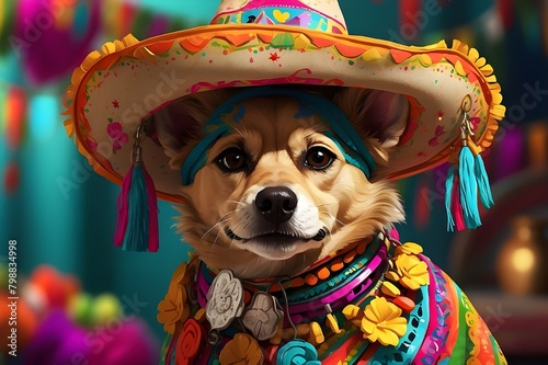 Artistic Image, Mexican-Attired Dog for Cinco de Mayo Celebration, Digital Illustration, Art Styles: Cartoonish Realism and Festive Art, Art Inspirations: Mexican Cultural Symbols and Festive Artworks photo