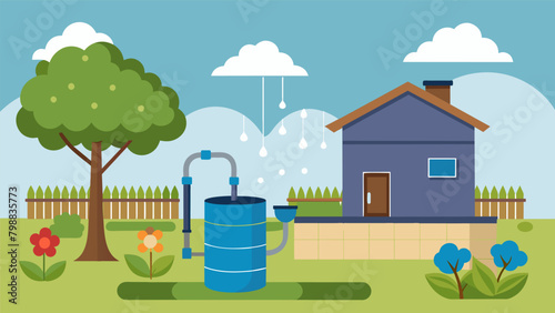 A rainwater harvesting system in the backyard provides water for gardening reducing the need for using tap water and conserving resources.