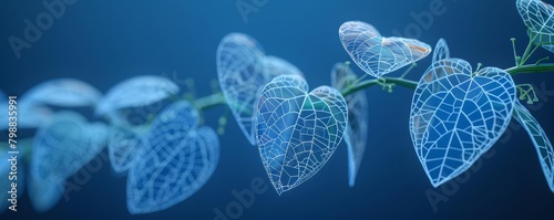 A branch of translucent leaves with a blue background photo