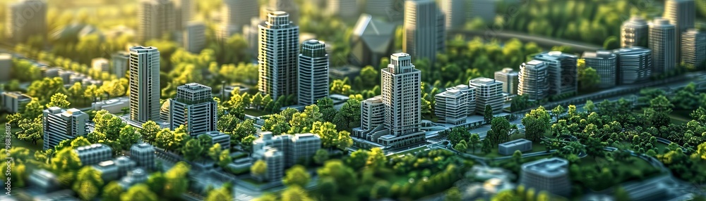 Obraz premium A miniature city with green trees and sunlight.