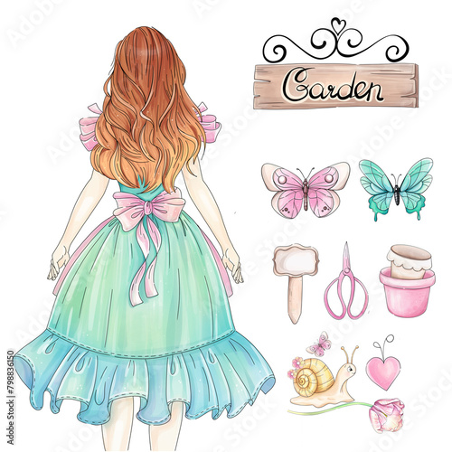Watercolor romantic girl florist with garden tools and butterfly. Girl's back in dress with bow. Farmer woman. Design element for invitation, wedding, printing, textile, greeting card
