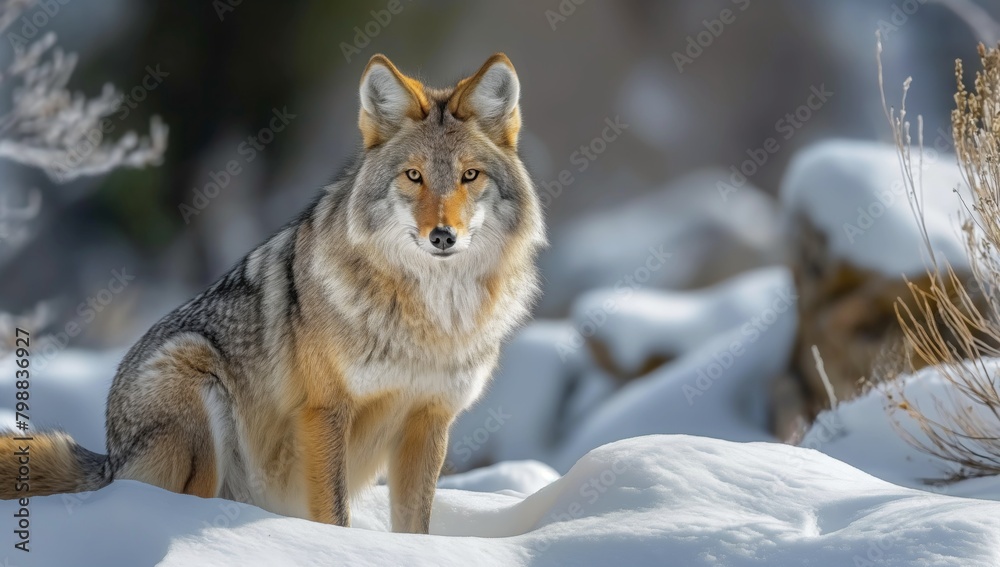 Naklejka premium A gray wolf standing in the snow during winter