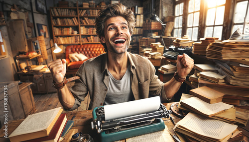 joyful writer in creative office, radiating joy as if they've just completed groundbreaking novel