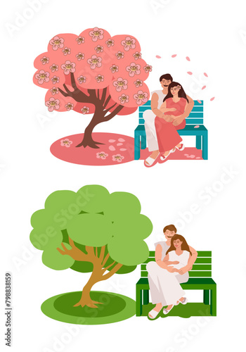 Set is a pregnant young woman sitting with her husband in an embrace on a bench in the park near a tree in spring and autumn. A married couple relaxes in nature during the warm season. 
