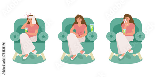 A young woman is sick, suffering from headache, menstrual and toothache. A woman sits in a chair at home with a glass of painkillers in her hand. Feeling unwell, illness, vector illustration