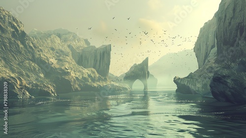 A lone boat sails through a narrow fjord, surrounded by towering cliffs and mountains photo