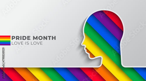 Pride Month banner concept with a head outline has LGBT pride flag. Lesbian Gay Bisexual Transgender. Symbol of pride month. Design for poster, flyer, web, banner, template. Vector Illustration