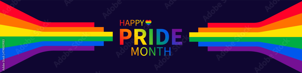 Pride month banner with LGBTQ pride flag. Lesbian Gay Bisexual Transgender. Symbol of pride month. Design for poster, flyer, web, banner, template. June Pride Parade. Vector Illustration.