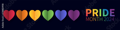 Pride Month banner concept with heart rainbow papercut. Lesbian Gay Bisexual Transgender. Symbol of pride month. Design for poster, flyer, web, banner, template. June Pride Parade. Vector Illustration