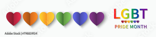 Pride month banner with heart rainbow papercut. Lesbian Gay Bisexual Transgender. Symbol of pride month. Design for poster, flyer, web, banner, template. June Pride Parade. Vector Illustration.