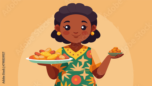 A young girl dressed in a traditional African print dress holding a plate piled high with fried okra and cornbread as she eagerly joins in on the. Vector illustration