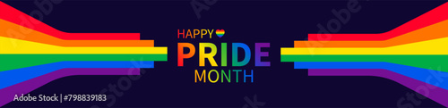 Pride month banner with LGBTQ pride flag. Lesbian Gay Bisexual Transgender. Symbol of pride month. Design for poster, flyer, web, banner, template. June Pride Parade. Vector Illustration.