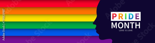 Pride month banner with LGBTQ pride flag. Lesbian Gay Bisexual Transgender. Symbol of pride month. Design for poster, flyer, web, banner, template. June Pride Parade. Vector Illustration.