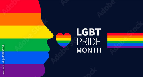 Pride month banner with LGBTQ pride flag. Lesbian Gay Bisexual Transgender. Symbol of pride month. Design for poster, flyer, web, banner, template. June Pride Parade. Vector Illustration.