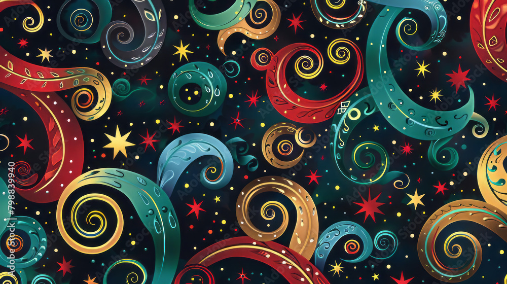 Christmas themed line color cartoon pattern, seamless Merry Christmas illustration, holiday card vector illustration